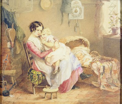 Three children in a rustic interior by English School